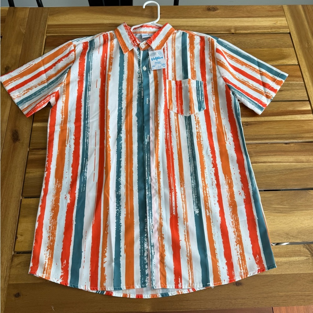 ❤️5/$25 🔆NWT  Striped Short-Sleeve Button-Up Shirt - Orange/Teal/White
